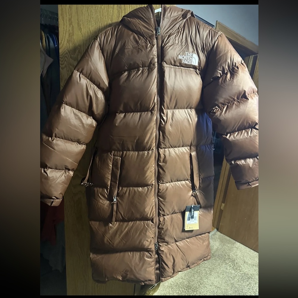 The North Face Womens Nuptse Belt Long 700-Down Insulated Hooded Jacket Brown S